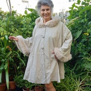 LEATHER CAPE COAT PONCHO Fur Trimmed Hooded Beige BENNY'S SHOP Leather Factory L
